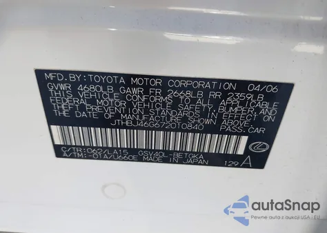 2007 Lexus Es 350 z USA, uszkodzony, nr VIN JTHBJ46G672010840